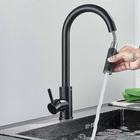 Robinet de cuisine avec douchette noire, bec haut pivotant à 360°, douchette extractible, 2 modes de jet, mitigeur monocommande. (1/5)