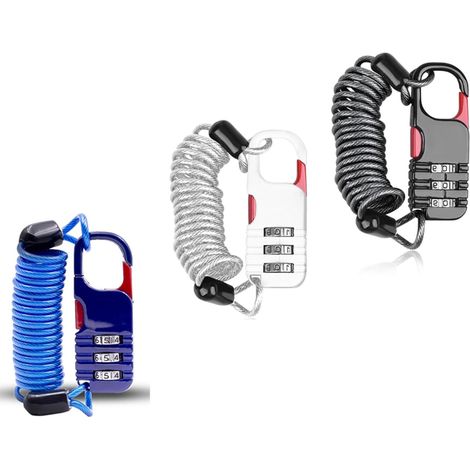 Lot de 3 antivols pour casque, antivol portable à combinaison de code de sécurité à 3 chiffres, avec câble, pour bagages, motos, scooters, garages (1/5)