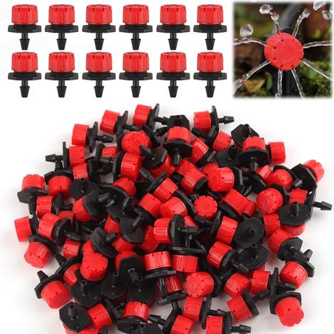 Confezione da 200 gocciolatori a microgoccia regolabili da 1/4", gocciolatori a microgoccia a 360° per sistemi di irrigazione da giardino, irrigatori anti-intasamento per tubi da 4 mm/7 mm, rossi