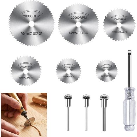 10 Pièces Lame Mini Scie Circulaire, Disques Coupe HSS Outil Rotatif Accessoire avec 6 Lames 22-50 mm 3 Tiges et Tournevis pour Perceuse Rotative, Bois Métal Plastique Verre Béton (1/5)