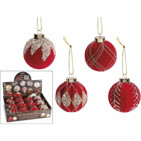 Palline di Natale in finto vetro rosso infrangibile con decori brillanti da appendere, in espositore da 12 pezzi, set da 12 pezzi, Ø 8 cm
