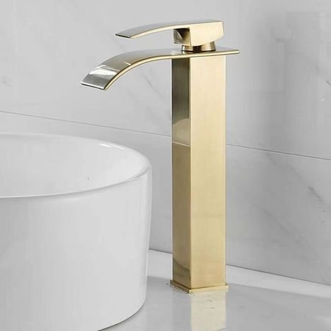 Robinet de Lavabo Cascade Carré Doré Haut en Acier Inoxydable - Mitigeur Chaud/Froid pour Vasque à Poser avec Cartouche en Céramique (1/5)