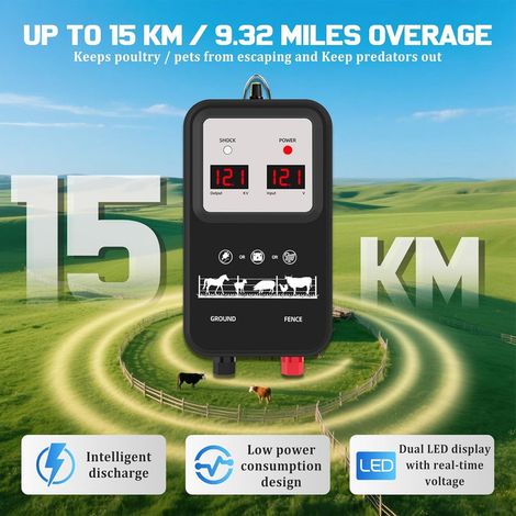 Électrificateur de Clôture Électrique 15 KM Double Écran LED 12V / 230V pour Animaux Chevaux Moutons Vaches Chiens Clôture Électrique Portable Anti-Intrus