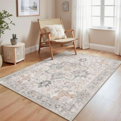 1 tapis de salon vintage gris-marron, 60 x 90 cm, envers antidérapant, lavable, poils ras, convient pour cuisines, salles à manger, bureaux et chambres (1/4)