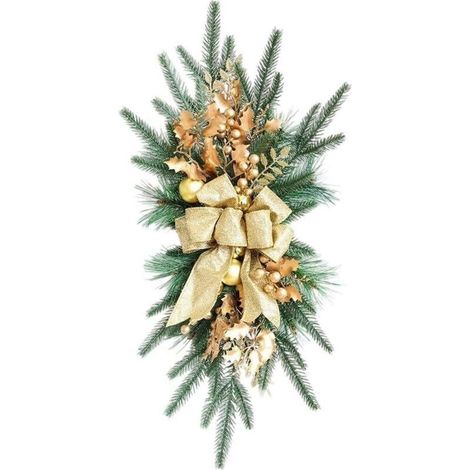 Couronne de Noël artificielle en forme de goutte de 55 cm, grand ruban imprimé, boules de Noël, rose, neige, branches givrées, couronne décorative d'escalier d'intérieur B (1/5)
