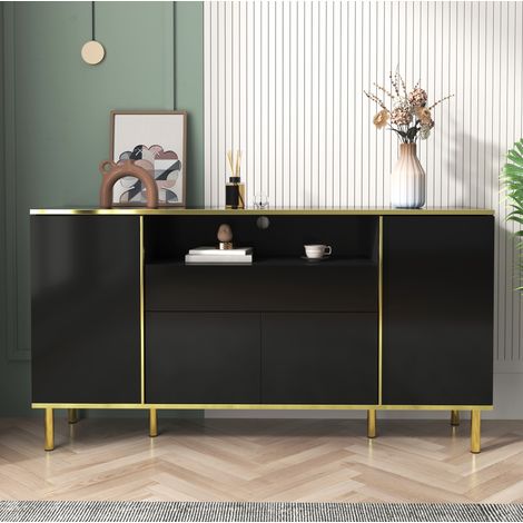 Aparador 150/40/80 cm negro brillo con LED, 4 puertas y cajón (1/5)