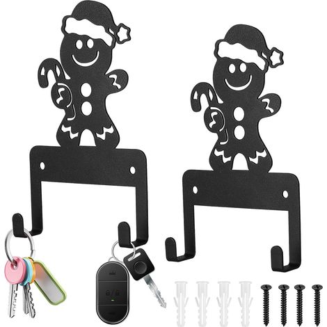 Porte-clés mural 2 pièces avec crochets, adhésif ou perçage, pour couloir, entrée, cuisine. Motif bonhomme de neige. (1/5)