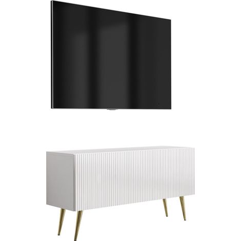 Meuble TV avec façade rainurée, blanc mat, pieds inclinés dorés, 100 × 32 × 52 cm (1/5)