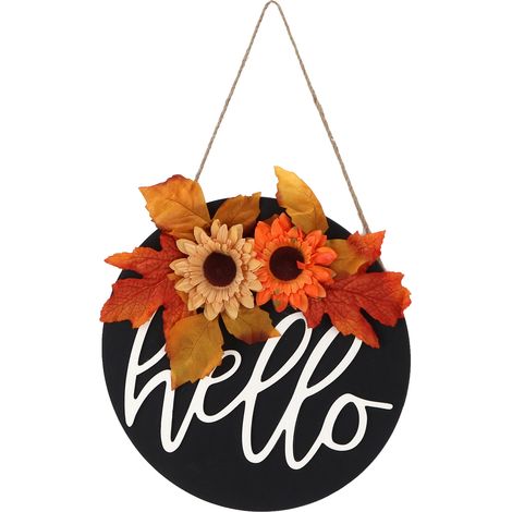 Couronne de Thanksgiving en bois, panneau de porte à accrocher, panneau de bienvenue, décoration intérieure, feuille d'érable, tournesol (1/5)
