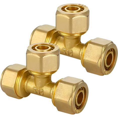 2pcs Brass Screw Fitting Copper Tube Tee Fitting Reduced Compression Tee Fitting 16x2mm Clamp Ring Fitting for Aluminum Composite Tube and Multilayer Pipe (1/5)
