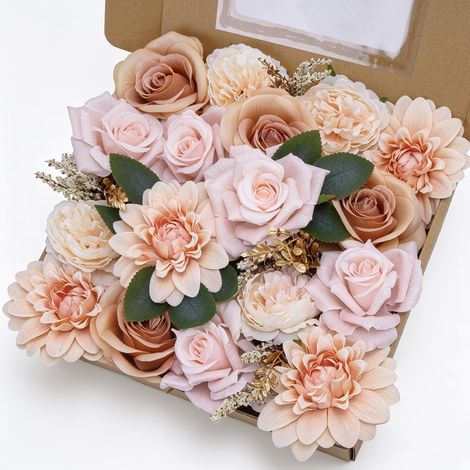 Fleurs Artificielles Deco Mariage Fausse Fleurs Couleur de Peau avec Tige et Feuille Grosse Tête de Fleur 7-18 cm Roses Dahlia Pivoine Artificielle en Soie pour DIY Bouquet Decoration Gateau Fêtes