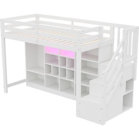 Cama alta 90 x 200 cm con armario, almacenamiento integrado y LED, blanco (1/5)