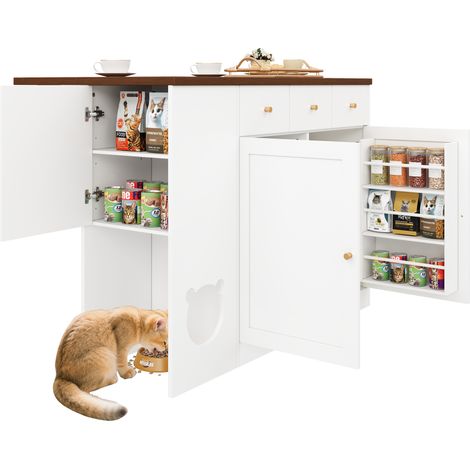 ELVMI Carro de Cocina con 3 Cajones, 2 Puertas, Encimera Extensible y Estantes Regulables, MDF Blanco Nogal, 120x40x90 cm (1/5)