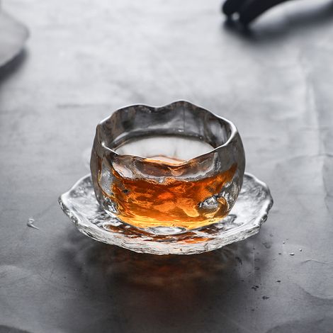 Tasse à thé - Coffret Master Cup en verre martelé à effet givré, tasse japonaise transparente épaisse, tasse à l'unité + sous-verre - Mini tasse à thé (1/4)
