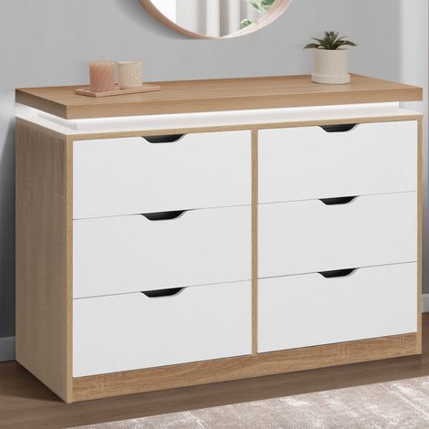 LUNA Arcón de 6 cajones con LED 115 cm blanco y encimera efecto madera (1/5)