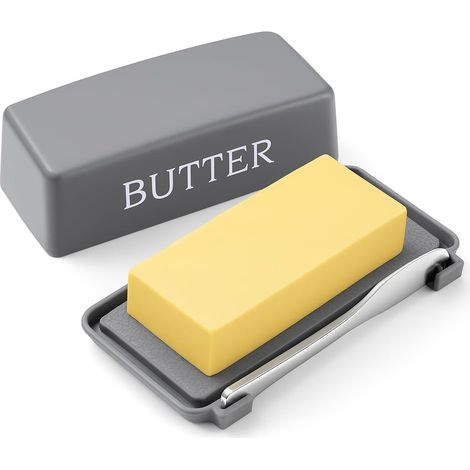 Beurrier avec couvercle et spatule, récipient de rangement compatible lave-vaisselle pour plan de travail ou réfrigérateur, gris (1/5)