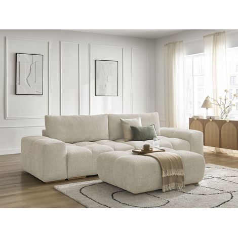 BOBOCHIC - Canapé droit fixe 3 places ANAKIN tissu bouclette avec pouf   Beige (1/5)