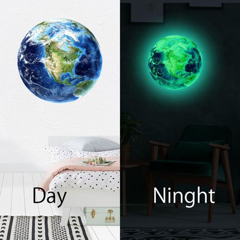 Autocollant phosphorescent planète Terre 30cm, décoration murale enfant chambre, stickers brillant dans le noir, univers espace DIY (1/5)