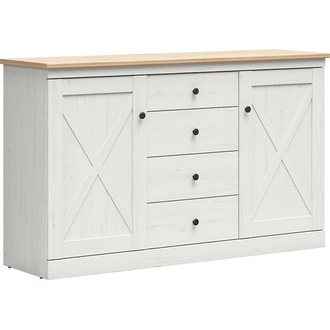 Buffet Victoria mit 4 Schubladen und 2 Türen, Weiß und Holzoptik, 153cm
