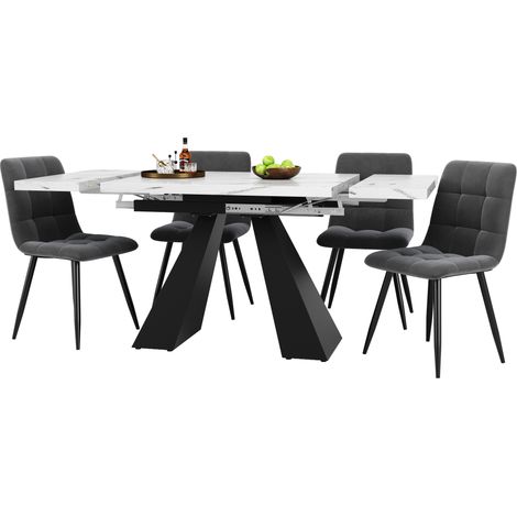 Table à manger extensible 5 pièces avec 4 chaises en velours, plateau MDF effet marbre blanc et noir, pour salle à manger, cuisine ou studio, style moderne  CHICFURN (1/5)