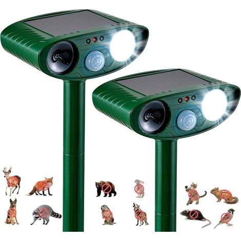 Lot de 2 répulsifs solaires pour animaux, avec ultrasons et lumière stroboscopique, pour dissuader les cerfs, ratons laveurs, écureuils, chats, chiens, lapins, mouffettes et renards.