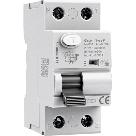 Disjoncteur différentiel 30mA 63A Type F 2 pôles interrupteur différentiel 63A 30mA 6kA 2P AC230V RCCB disjoncteurs électriques adapté aux équipements monophasés à charge variable GYL9 (1/5)
