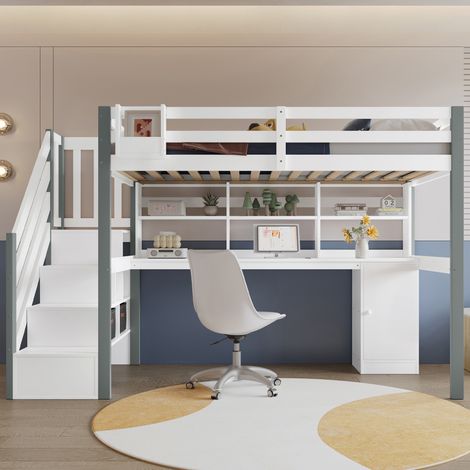 Lit à demi-hauteur 90×200 cm blanc+gris pin+MDF,boîte rangement tissu,échelle latérale,étagère ouverte,bureau et casiers,lit jeunesse pratique