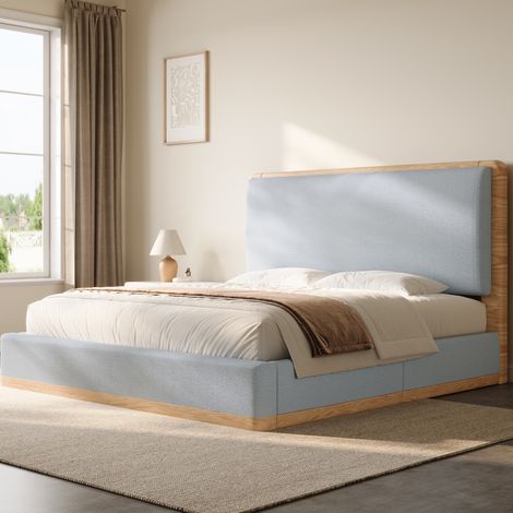 Cama tapizada 140/200 cm gris y madera natural, con cabecero y somier de láminas (1/5)