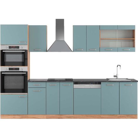 Küchenzeile R-Line, Blau-Grau/Goldkraft Eiche, 300 cm mit Hochschrank, AP Anthrazit, Vicco