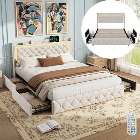 Lit double 160x200 cm en velours beige, avec 2 tiroirs de rangement, sommier à lattes en bois, tête de lit avec éclairage LED et port USB et décorée de rivets (1/5)