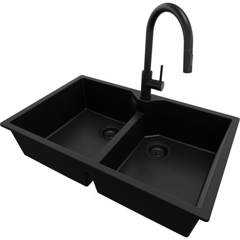 PRIMAGRAN Evier Cuisine en Granit 78x50cm, Lavabo 2 bacs + Robinet 40x20cm + Kit de Vidage, Évier à Encastrer au meuble 80cm - Madrid Twin, Tout Noir (1/5)