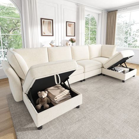 Canapé d'angle modulable en U/L, canapé 6 places combinable à volonté avec pouf de rangement, design nuage, tissu chenille, convient au salon, appartement et chambre, beige (1/4)