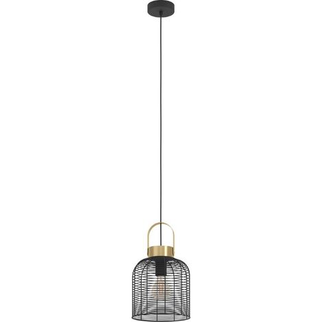 Lampe suspendue Roundham Steel noir, pinceau en laiton E27 1x40w H: 110cm Ø22 cm Dimmable (1/3)