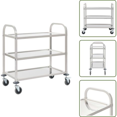 The Living Store 3-Stufiger Servierwagen 96,5 x 55 x 90 cm Edelstahl - Küchenwagen - Servierwagen - Edelstahl - Rollwagen - Mobiliar (1/5)