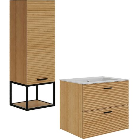 Mobile bagno sospeso scanalato con lavabo da incasso e colonna con nicchia - 2 cassetti - Naturale chiaro - 60 cm - SARONE (1/4)