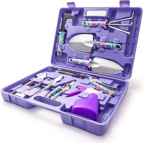 10-piece garden tool set made of aluminum with floral pattern – Includes trowel, rake, etc (1/5)