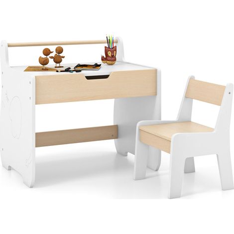 Ensemble table et chaise enfant 2 en 1, plateau amovible tableau noir/blanc avec rangement, dessin et repas (1/5)