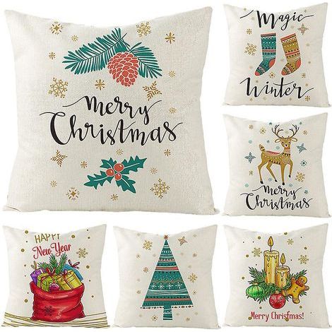 Set of 6 Christmas Pillowcases, Garden Decoration, Merry Christmas Pillowcases in Cotton and Linen, 45 x 45 cm (1/5)