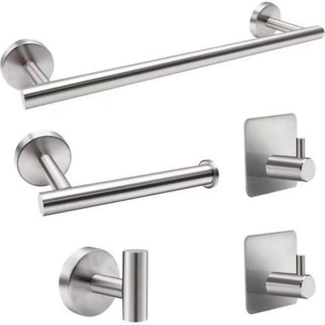 Set di 5 accessori da bagno in acciaio inox SUS304: portasciugamani da 40,6 cm + portarotolo + 3 ganci (argento)