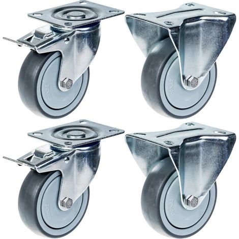 Roulettes de 80 mm (3"), en caoutchouc gris avec frein et fixation, robustes, capacité de charge 320 kg, lot de 4 (1/5)