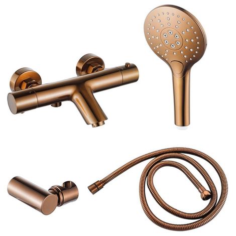 FugaFlow Eccelente Mitigeur thermostatique de baignoire avec douchette ronde, support de douchette et flexible de douche métallique Cuivre brossé PVD