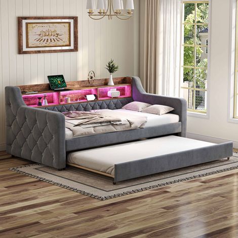Cama nido de 90 x 190 cm - Sofá cama con espacio de almacenamiento, iluminación LED y puerto USB-C, somier de láminas - de terciopelo gris (1/5)