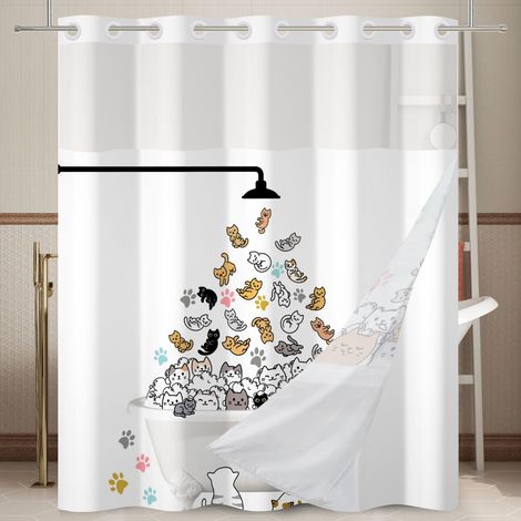 Rideau de Douche Chat Double Couche sans Crochet Motif Chaton et Patte, Bande Dessinée, Doublure Encliquetable, Étanche 71x79 Pouces (1/5)
