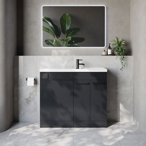 Napoli 250 Gloss Grey 1000mm 2 Door Vanity Unit Toilet Suite with Square Silvo Basin - 1000mm - Matt Black 160mm HandleWithout Kingston Toilet Pan
