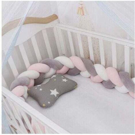 [JAMAIS UTILISÉ] Promotion Tour de lit bébé—1.5M Tour De Lit Coussin Serpent Coussin Tresse Pare-Chocs Velours Protection Bebe Cloture En Tissu Anti-Collision (Blanc+Gris+Rose)--
