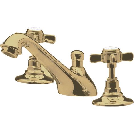 Traditional Bathroom Crosshead 3 Tap Hole Basin Mixer Tap with Pop-Up Waste - Brushed Brass (1/4)