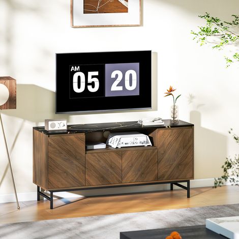 Meuble TV jusqu'à 65 pouces meuble télé bois avec compartiment ouvert et passe-câbles. effet marbre. 140x39x66cm. noyer