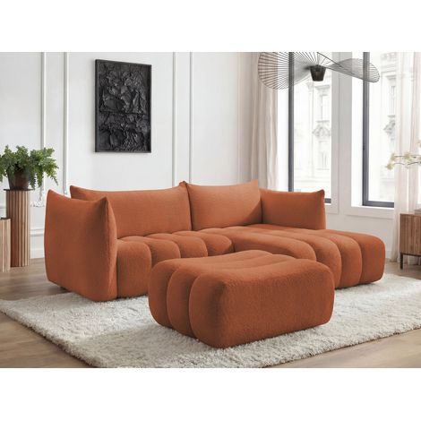 BOBOCHIC - Canapé d'angle fixe AZRA tissu bouclette avec pouf Angle droit Orange (1/5)