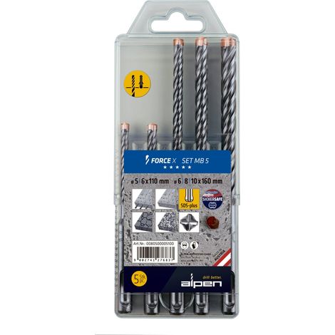 Alpen DS+ FORCE X MB 5 0080500005100 Beton-Spiralbohrer-Set 5teilig 5 mm, 6 mm, 8 mm, 10 mm SDS-Pl