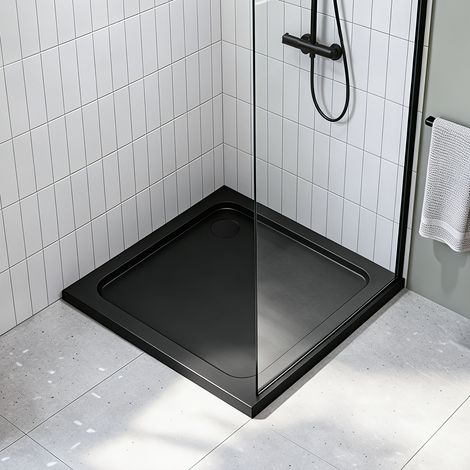 Jiubiaz Flache Acryl Duschtasse 90x90 cm Schwarz mit Chrom Ablauf und Haarfilter (1/5)